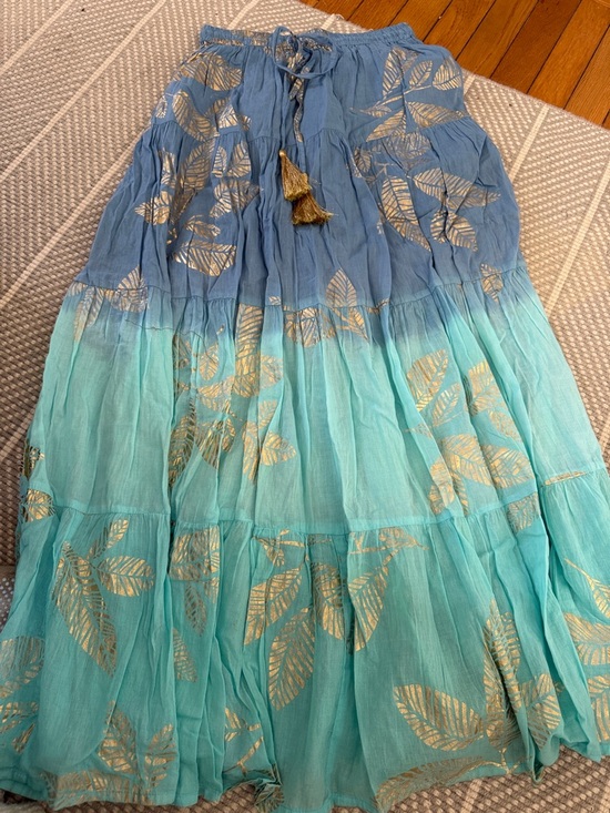 Debbie Katz Dresses & Skirts - Debbie Katz Boho Ombre Blue-Turquoise Maxi Skirt with Gold Leaf Print